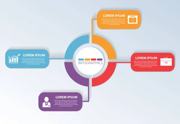 Ilustración vectorial. Plantilla con cuatro formas geométricas de colores de rectángulos con flechas y círculo para infografías, negocios, presentaciones, diseño web, concepto de lanzamiento con 4 opciones, pasos — Vector de stock