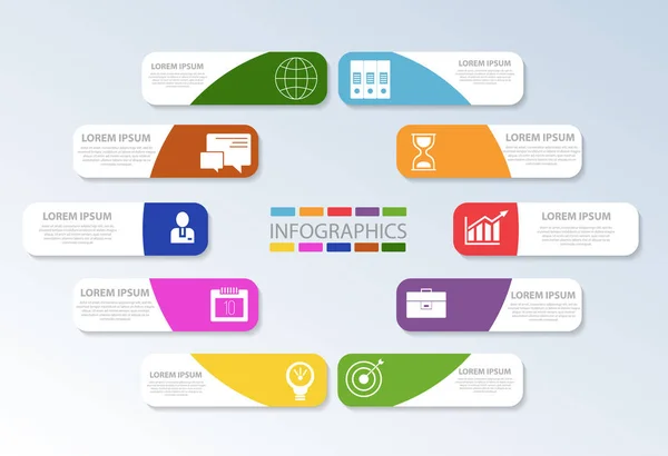 Vektorové ilustrace. Šablona s deseti barevných geometrických obrazců obdélníků pro infografiky, podnikání, prezentace, web design, koncept výsunu s možností 10, kroky. Text a ikony — Stockový vektor