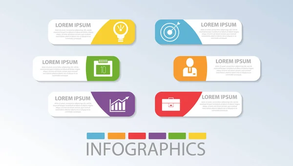 Ilustrație vectorială. Șablon cu șase figuri geometrice colorate ale dreptunghiurilor pentru infografie, afaceri, prezentări, web design, conceptul de lansare cu 6 opțiuni, pași. Text și icoane — Vector de stoc