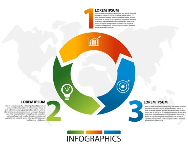 Ilustración vectorial. Plantilla con un círculo dividido en tres flechas para infografías, negocios, presentaciones, diseño web, concepto de lanzamiento con 3opciones, pasos, diagrama. Texto e iconos — Vector de stock