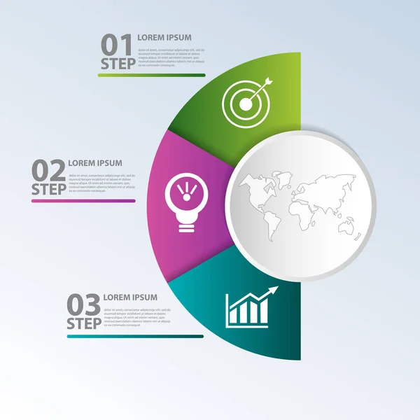 Vektör çizim. Daire şablonuyla infographics, iş, sunumlar, web tasarım, konsept başlatma 3 seçenekleri, adımları, diyagram için yarım ve üç parçaya bölünmüş. Metin ve simgeleri