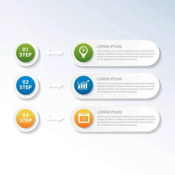 Illustration vectorielle. Un modèle infographique avec 3 étapes et une image de trois rectangles et cercles. Utilisez pour les présentations commerciales, l'éducation, la conception Web. Place pour le texte et les icônes — Image vectorielle