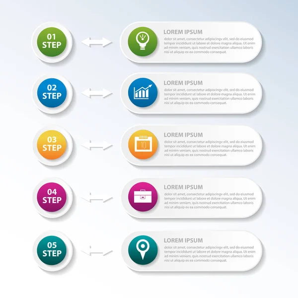 Vektorillustration. eine Infografik-Vorlage mit 5 Schritten und einem Bild aus fünf Rechtecken und Kreisen. Verwendung für Unternehmenspräsentationen, Ausbildung, Webdesign. Platz für Text und Symbole — Stockvektor