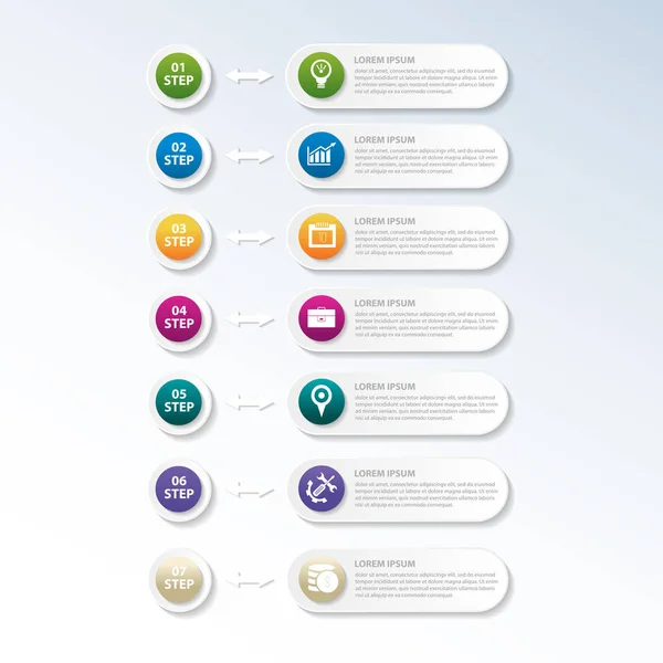 Ilustración vectorial. Una plantilla infográfica con 7 pasos y una imagen de siete rectángulos y círculos. Uso para presentaciones de negocios, educación, diseño web. Lugar para texto e iconos — Vector de stock