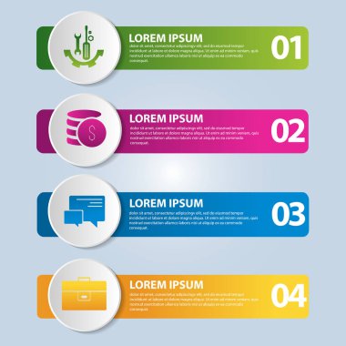 Vektör çizim. 4 adımlar ve dört dikdörtgenler ve daireler görüntüsünü bir Infographic şablonu. İş sunumları, eğitim, web tasarım için kullanın. Metin ve simgeleri için yer