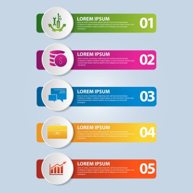 Vektör çizim. 5 adım ve bir resim beş dikdörtgenler ve daireler bir Infographic şablonu. İş sunumları, eğitim, web tasarım için kullanın. Metin ve simgeleri için yer