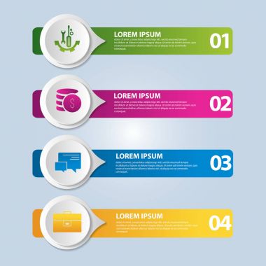 Vektör çizim. 4 adımlar ve dört dikdörtgenler ve daireler görüntüsünü bir Infographic şablonu. İş sunumları, eğitim, web tasarım için kullanın. Metin ve simgeleri için yer