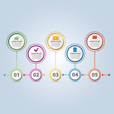 Vektör çizim. Infographic desen 5 daire damla şeklinde görüntü ile. beş adım 3D stiliyle. Kullanılan iş sunumları, eğitim, web tasarım, düzenleri, diyagramlar için