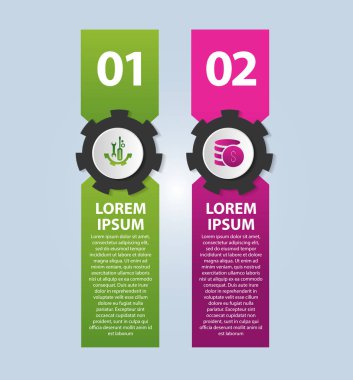 Vektör çizim. Infographic şablon görüntü 2 dikdörtgenler ve dişli ile. iki adım 3D stiliyle. İş sunumları, eğitim, web tasarım için kullanılır. Metin ve simgeleri için yer