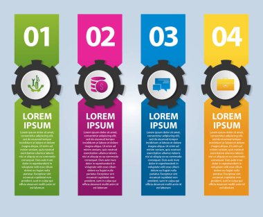 Vektör çizim. Infographic şablon görüntü 4 dikdörtgenler ve dişli ile. dört adım 3D stiliyle. İş sunumları, eğitim, web tasarım için kullanılır. Metin ve simgeleri için yer