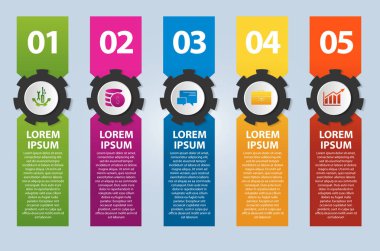 Vektör çizim. Infographic Şablon 5 dikdörtgenler ve dişli görüntü ile. beş adım 3D stiliyle. İş sunumları, eğitim, web tasarım için kullanılır. Metin ve simgeleri için yer