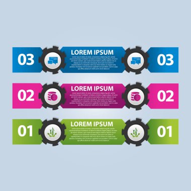 Vektör çizim. Infographic şablon görüntü 3 dikdörtgenler ve dişli ile. Üç adım 3D stiliyle. İş sunumları, eğitim, web tasarım için kullanılır. Metin ve simgeleri için yer