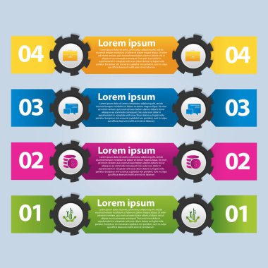 Vektör çizim. Infographic şablon görüntü 4 dikdörtgenler ve dişli ile. dört adım 3D stiliyle. İş sunumları, eğitim, web tasarım için kullanılır. Metin ve simgeleri için yer