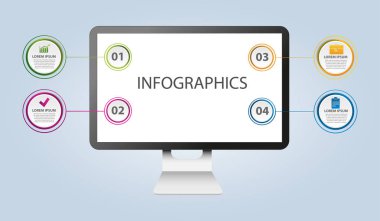Bilgisayar monitörü ile dairesel infographics şeklinde vektör çizim. Grafik, daireler, iş sunumları için web tasarımı 4 adım