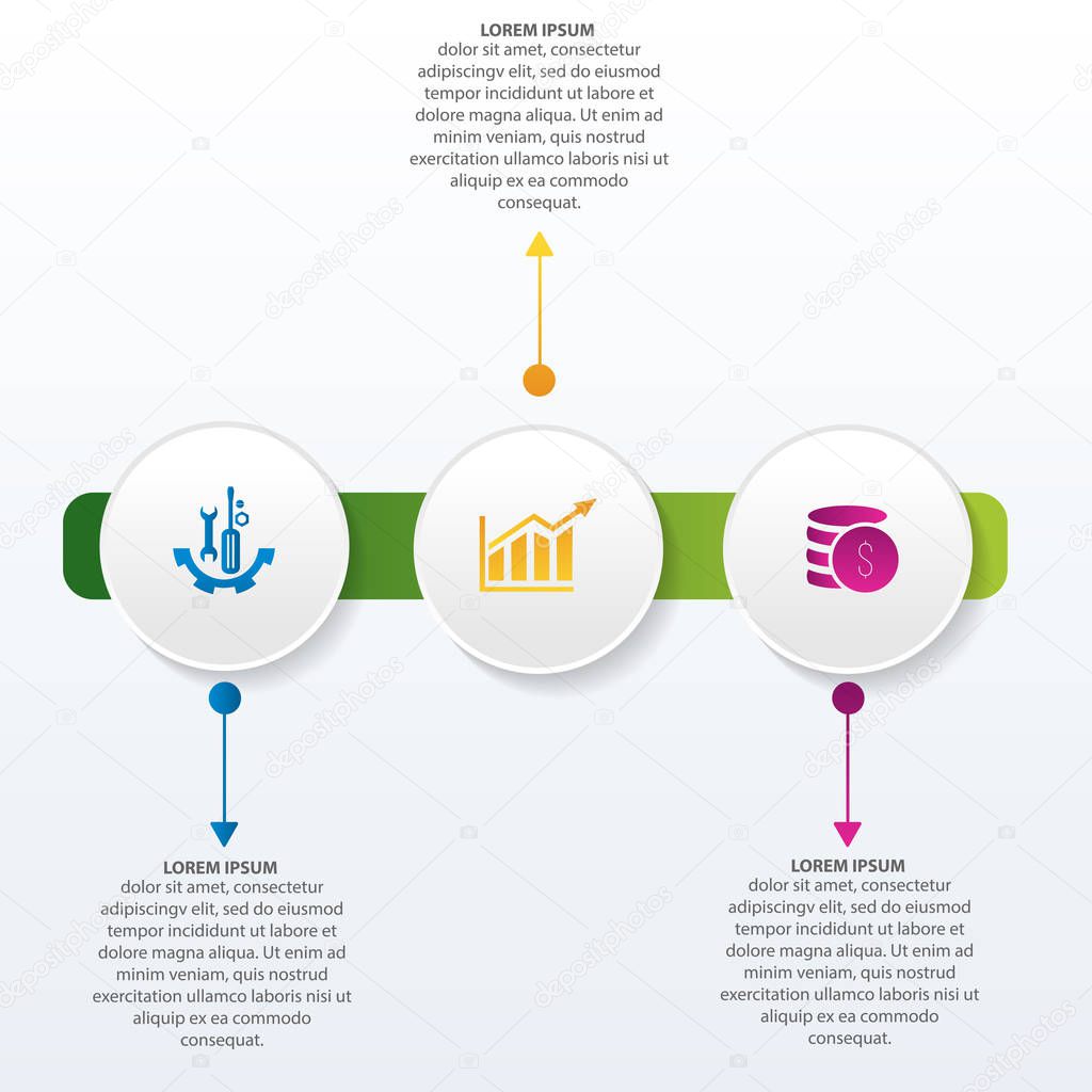 Vector illustration. Infographic pattern with the image of 3 circles. 3d style with three steps. Used for business presentations, education, web design, layouts, diagrams