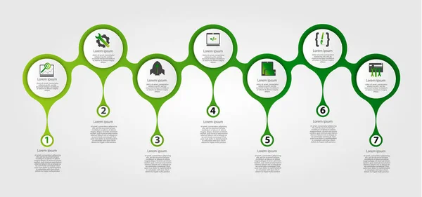 Infographic daireler modern şablonu. Grafik, web tasarım, sunu, iş için şablon raporları. Renkli grafik 7 adımlar, bölümleri tarafından aşamaları ile. Metin ve simgeleri yeri olan yedi damla