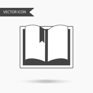 Beyaz zemin üzerinde bir yer işareti ile açık bir kitap şeklinde simgesi. Web tasarım, logo, UI düz simgesi. Vektör çizim