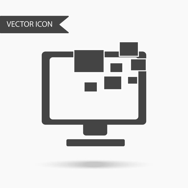 Icon with an image of a monitor and rectangles flying out of it on a white background. The flat icon for your web design, logo, UI. Vector illustration