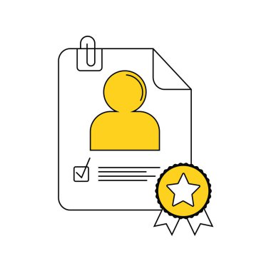 Vektör çizim bir belge. Simge görüntüsü bir silueti bir kişinin portet ve bir uygulama, bir Web sitesi, bir Infographic, beyaz bir arka plan üzerinde bir iş sunumu için bir ödül ile