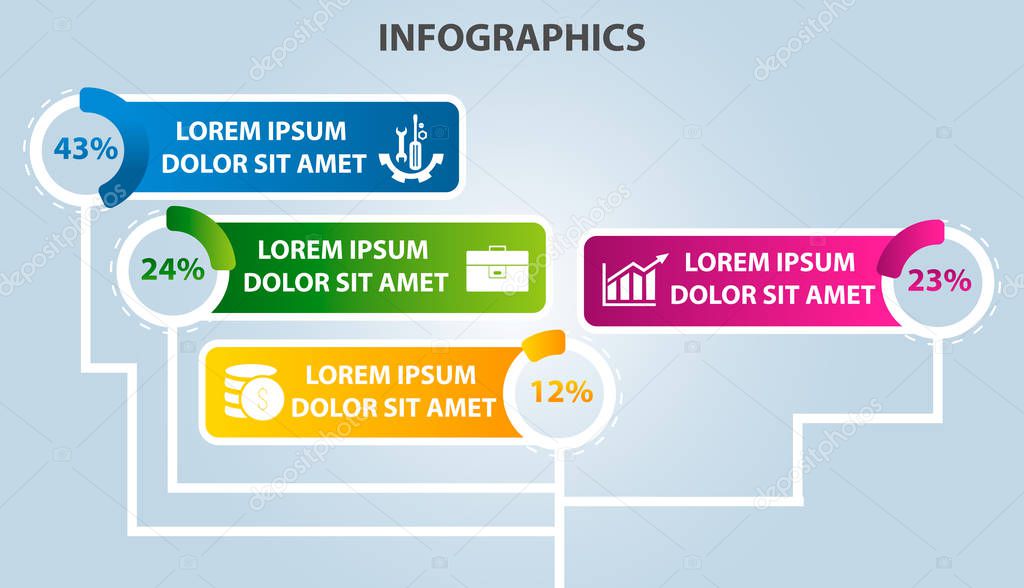 Vector illustration. Infographic template with 4 elements, circles and percentages. Contains icons and text. Designed for business, presentations, web design, diagrams with 4 steps