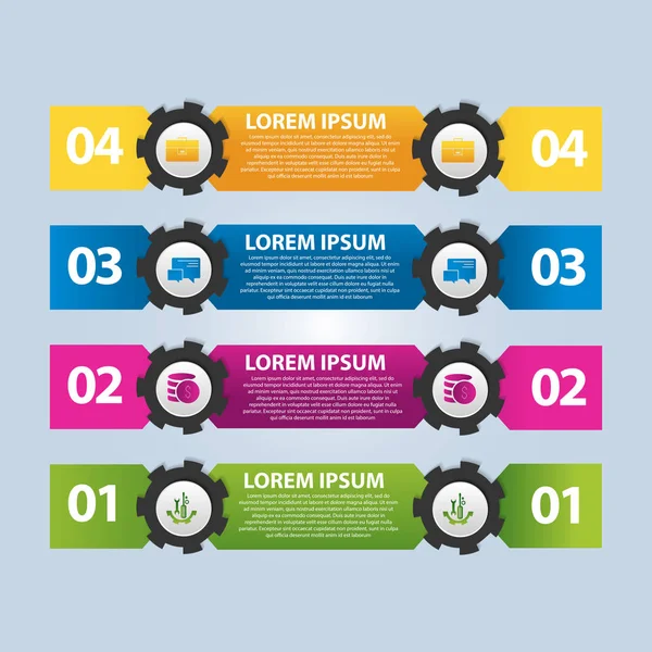 Vektör çizim. Infographic şablon görüntü 4 dikdörtgenler ve dişli ile. dört adım 3D stiliyle. İş sunumları, eğitim, web tasarım için kullanılır. Metin ve simgeleri için yer