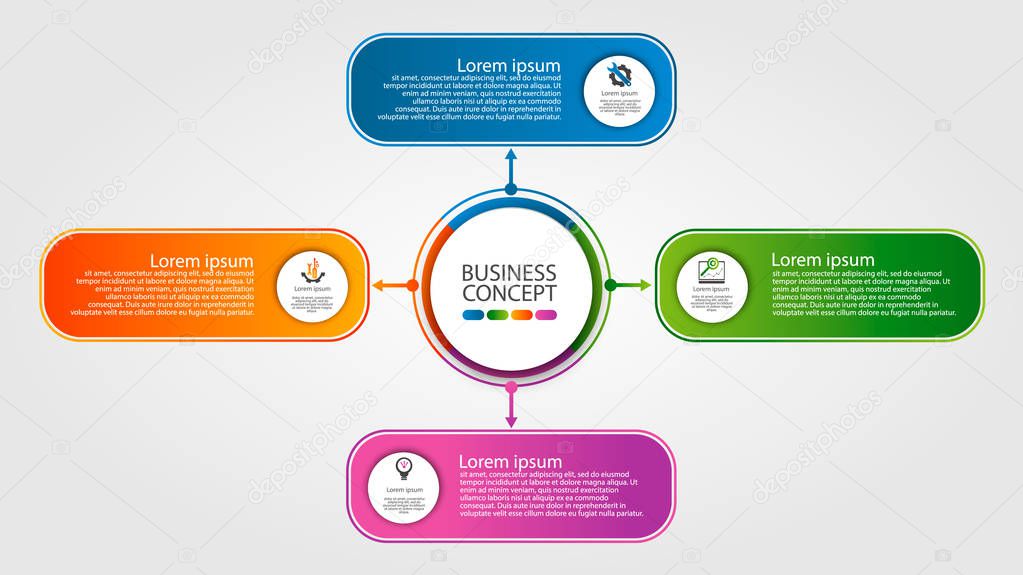 Modern template for infographic circles. Template for graphics, presentation, business, web design, reports. Colorful chart with 4 steps, parts by stages. Four circles with space for text and icons