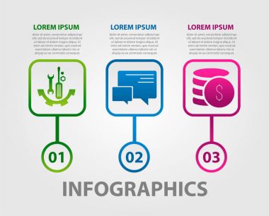 Infographic daireler modern şablonu. Grafik, web tasarım, sunu, iş için şablon raporları. 3 adımda, bölümleri tarafından aşamaları ile renkli grafik. Metin ve simgeleri yeri olan üç daire