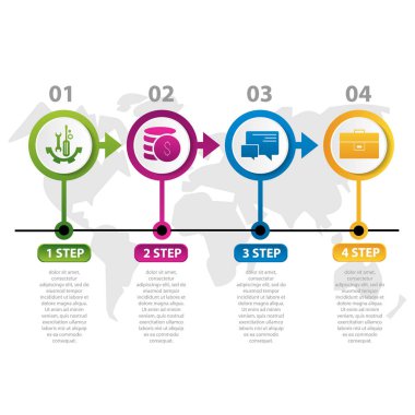 Vektör çizim. Infographic desen 4 daire damla şeklinde görüntü ile. 3D tarz ile Dünya Haritası ve dört adım. Kullanılan iş sunumları, eğitim, web tasarım için