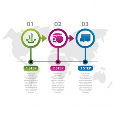 Vektör çizim. Infographic desen bir damla şeklinde 2 daire görüntü ile. 3D tarz ile Dünya Haritası ve iki adım. Kullanılan iş sunumları, eğitim, web tasarım için