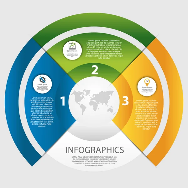 Ilustração vetorial moderna 3D. O modelo de um infográfico circular com 3 elementos, setores e porcentagens. Projetado para negócios, apresentações, web design, diagramas com 3 etapas —  Vetores de Stock