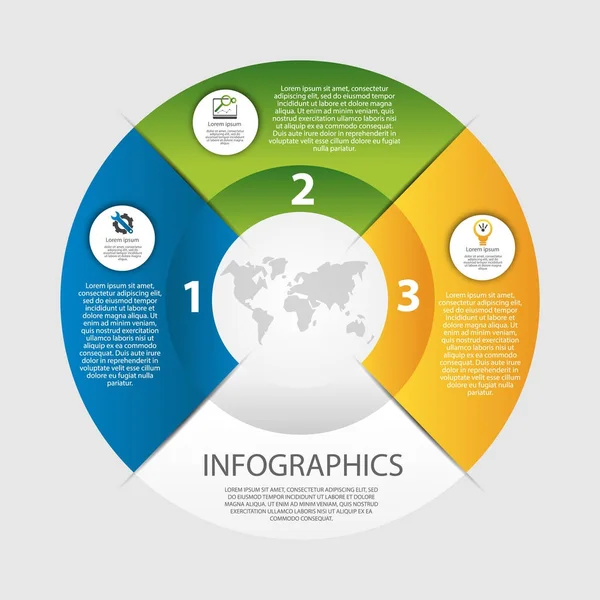 Moderna vektorillustration 3d. Mallen för en cirkulär infographic med 3 element, sektorer och procentsatser. Utformad för företag, presentationer, webbdesign, diagram med 3 steg — Stock vektor