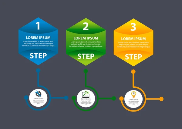 Ilustración vector moderno 3d. Hexágono una plantilla de infografía con círculos en tres etapas. Contiene iconos y texto. Diseñado para negocios, presentaciones, diseño web, diagramas con 3 pasos — Vector de stock