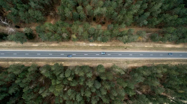 Asphaltstraße und Herbstwald aus der Vogelperspektive. Luftaufnahmen der Natur — Stockfoto