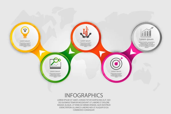 Ilustración vector moderno 3d. Infografías de círculo de plantillas con cinco elementos. Diseñado para negocios, presentaciones, diseño web, diagramas con 5 pasos, opciones, piezas o procesos. Concepto creativo — Vector de stock