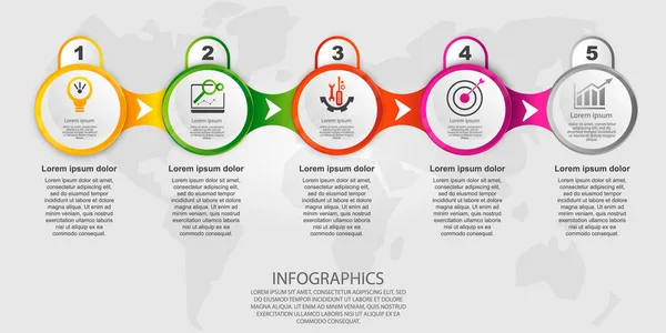 Illustrazione vettoriale moderna 3d. Infografica cerchio modello con cinque elementi. Progettato per aziende, presentazioni, web design, diagrammi con 5 passaggi, opzioni, parti o processi. Concetto creativo — Vettoriale Stock