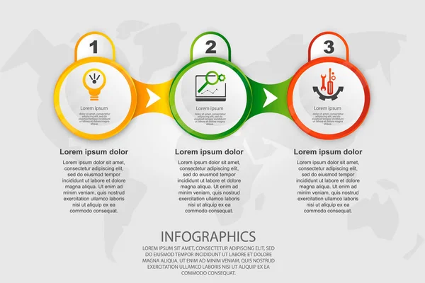 Moderne Vektorillustration 3d. Vorlagenkreis-Infografiken mit drei Elementen. entwickelt für Unternehmen, Präsentationen, Webdesign, Diagramme mit 3 Schritten, Optionen, Teilen oder Prozessen. Kreatives Konzept — Stockvektor