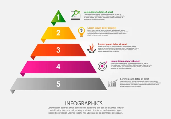 Modern vektör çizim 3d. Beş Element, dikdörtgenler ile piramidin Infographic şablonu. Simge ve metin içerir. İş, sunumlar, web tasarım, 5 adım diyagramları için tasarlanmış