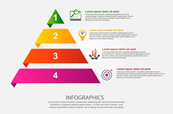 Modern vector illustration 3d. Infographic template of the pyramid with four elements, rectangles. Contains icons and text. Designed for business, presentations, web design, diagrams with 4 steps — Stock Vector