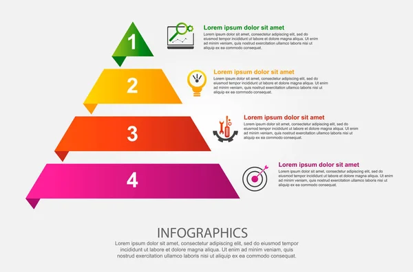 Modern vektör çizim 3d. Infographic şablonu ile dört elementin, dikdörtgen piramit. Simge ve metin içerir. İş, sunumlar, web tasarım, 4 adımlar ile diyagramları için tasarlanmış