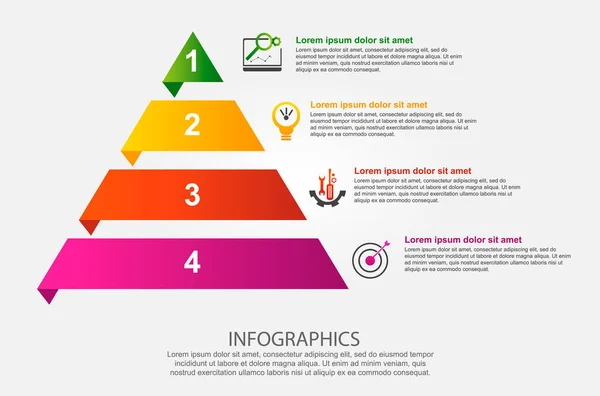 Ilustração vetorial moderna 3d. Modelo infográfico da pirâmide com quatro elementos, retângulos. Contém ícones e texto. Projetado para negócios, apresentações, web design, diagramas com 4 etapas — Vetor de Stock