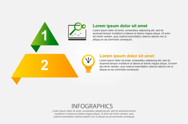 Ilustração vetorial moderna 3d. Modelo infográfico da pirâmide com dois elementos, retângulos. Contém ícones e texto. Projetado para negócios, apresentações, web design, diagramas com 2 etapas —  Vetores de Stock