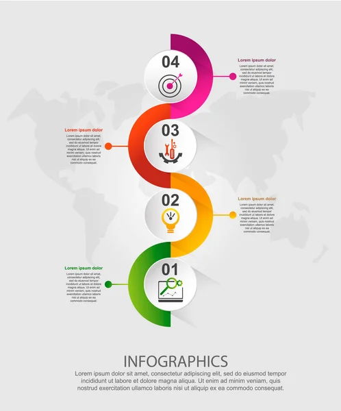 Ilustrație vectorială modernă 3d. Șablon pentru cercuri infografice cu patru elemente, dreptunghiuri. Conține icoane și text. Proiectat pentru afaceri, prezentări, web design, diagrame cu 4 pași — Vector de stoc