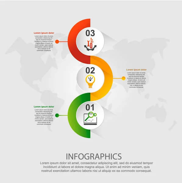 Modern vektoros illusztráció 3d. Sablon infographic körök három elemekkel, téglalapok. Ikonok és szövegek egyaránt szerepelnek. Tervezve business, előadások, web design, diagramokat 3 lépésben — Stock Vector