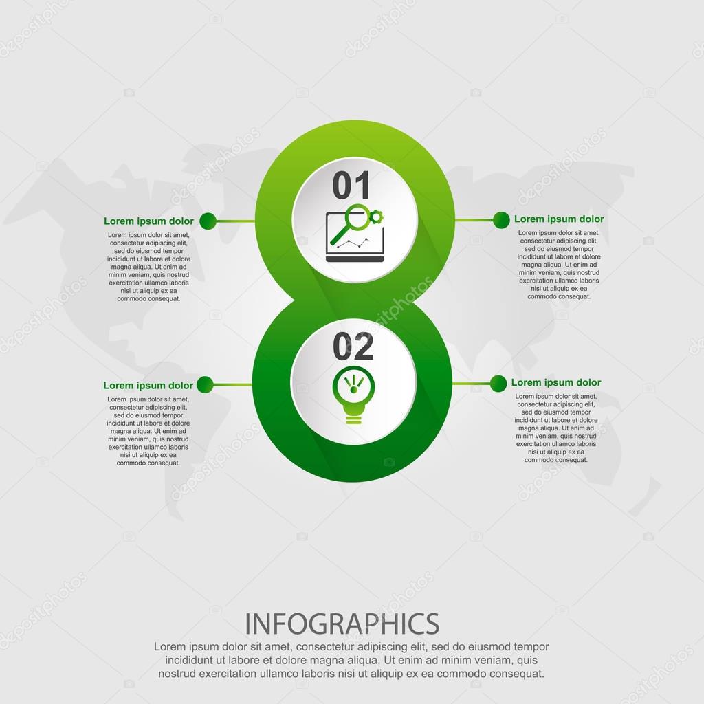 Modern vector illustration 3d. Template for infographic circles with two elements, rectangles. Contains icons and text. Designed for business, presentations, web design, diagrams with 2 steps