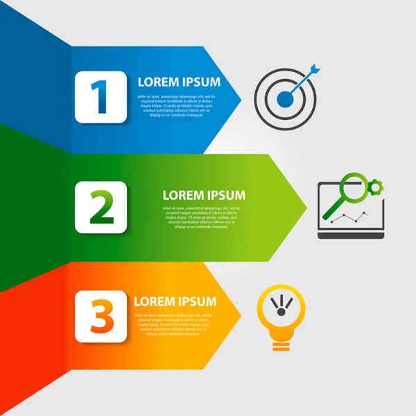 ベクトルの図。インフォ グラフィック、ビジネス、プレゼンテーション、ウェブ デザイン、3 つのオプションの手順でスタートアップ コンセプトの 3 色の矢印を持つテンプレート。テキストとアイコン — ストックベクタ