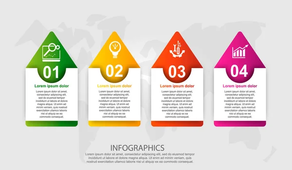 Ilustração vetorial moderna 3d. Modelo retangular com uma seta com quatro elementos. Contém ícones e texto. Projetado para negócios, apresentações, web design, diagramas com 4 etapas — Vetor de Stock