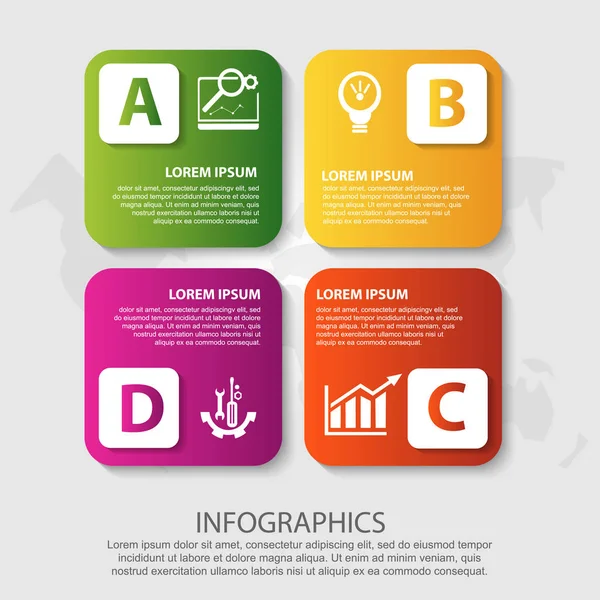 Ilustrație vectorială. Șablon cu 4 dreptunghiuri de culoare pentru infografică, afaceri, prezentare, web design, concept de pornire cu 3 opțiuni, pași. Text și icoane — Vector de stoc