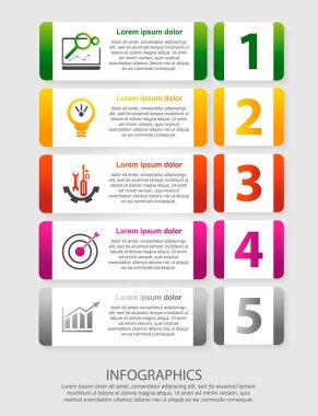 Modern vektör çizim 3d. Beş adım ve bir resim beş dikdörtgenin bir Infographic şablonu. İş sunumları, eğitim, 5 adım ile web tasarım diyagramları için kullanın. Adım adım