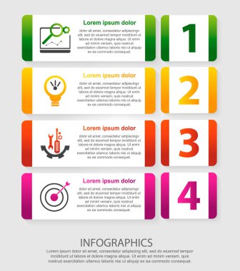 Modern vektör çizim 3d. Dört adım ve bir resim beş dikdörtgenin bir Infographic şablonu. İş sunumları, eğitim, 4 adımlar ile web tasarım diyagramları için kullanın. Adım adım