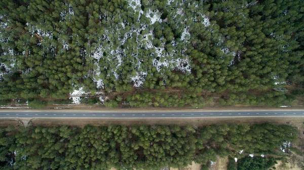 Die Landschaft eines grünen Waldes und einer Straße aus Asphalt. die frühlingshafte Natur in Europa aus der Vogelperspektive — Stockfoto